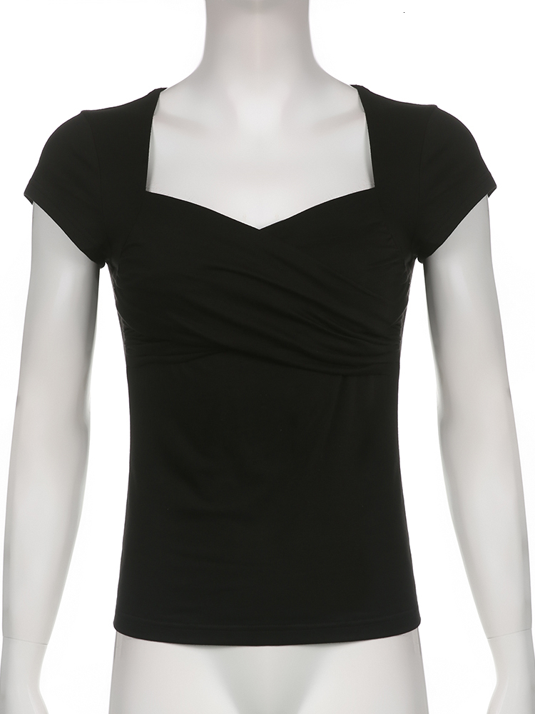 Women's TShirt Rapcopter Y2K Cross Crop Top Folds Black Square Collar T Shirt Short Sleeve Cute Chic Tee Grunge Korean Retro 230310