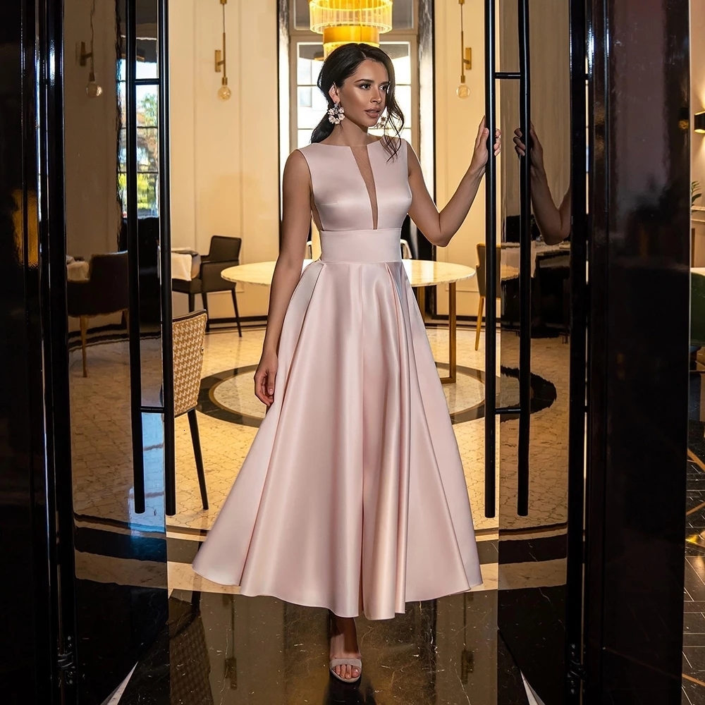 Party Dresses Custom Color TeaLength Satin 2023 Evening Illustion VNeck Sleeveless Gown Sexy Backless ALine Prom 230310