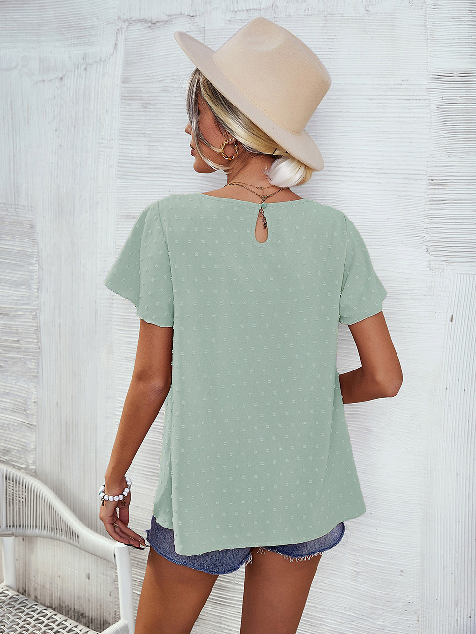 Women Shirts Chiffon Lace Blouse Summer Casual Round Neck Short Sleeve Pom Pom Shirts Top