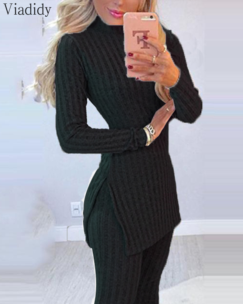 Women's Two Piece Pant Winter 2pcs Suit Long Sleeve Ribbed Slit Top and High Waist Knitted Pencil Pants Set 230310