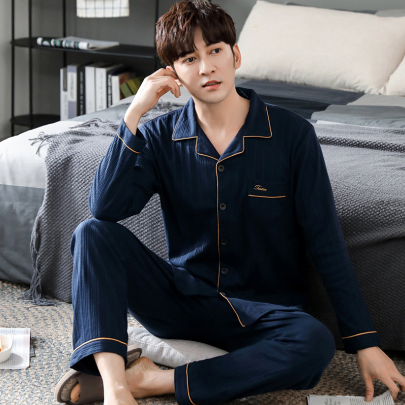 Men's Sleepwear Autumn Men's Pajamas 100% Cotton Full-sleeve Mens Turn-down Collar Homewear Thin Simple Style Solid Color Comfort Sleepwear 
