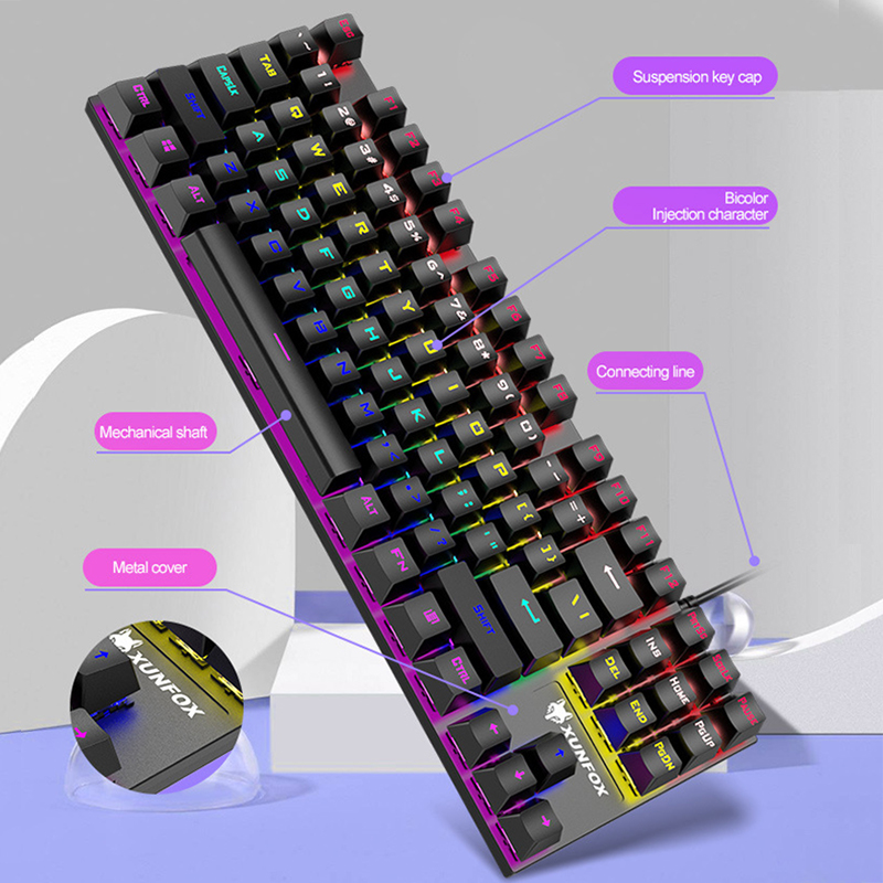 K80 87 Keys LED Backlit Mechanical Keyboard USB Wired Gaming Keyboards Blue Switch ABS Keycap For Desktop Computer PC Laptops
