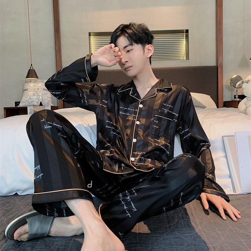 Men's Sleepwear Summer Spring Men's Pajamas Large Bust Sleepwear Nightie 5XL Silk Satin Sets Long Sleeve Home Clothes Nightwear Pajama Pyjam
