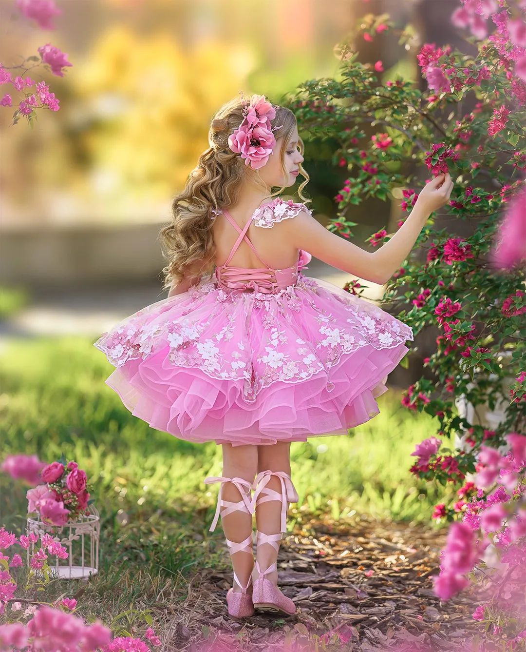 Lace Appliqued Pink Flower Girl Dresses Tulle Tiered Princess Gowns For Wedding And Birthday Beaded Kid Pageant Dress