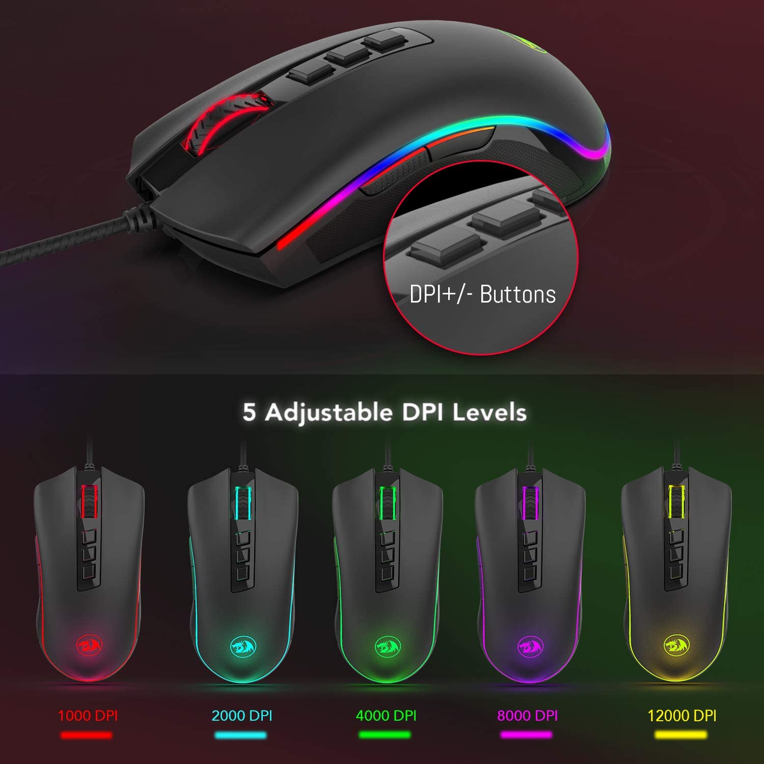 n M711-FPS Cobra Optical Switch (LK) Gaming Mouse RGB Backlit 24000 DPI 7 Programmable Buttons PC Computer Gaming Mice