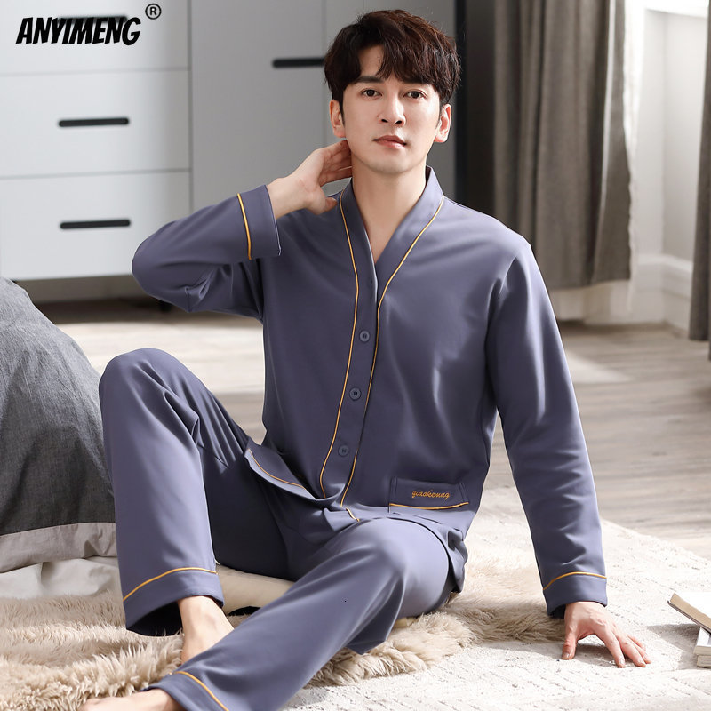 Men's Sleepwear Autumn Winter Plus Size 4XL Men Pajamas Fashion Pijamas Mens Breathe Freely Sleepwear Cotton Deep Grey Cardigan Nightwear 230317