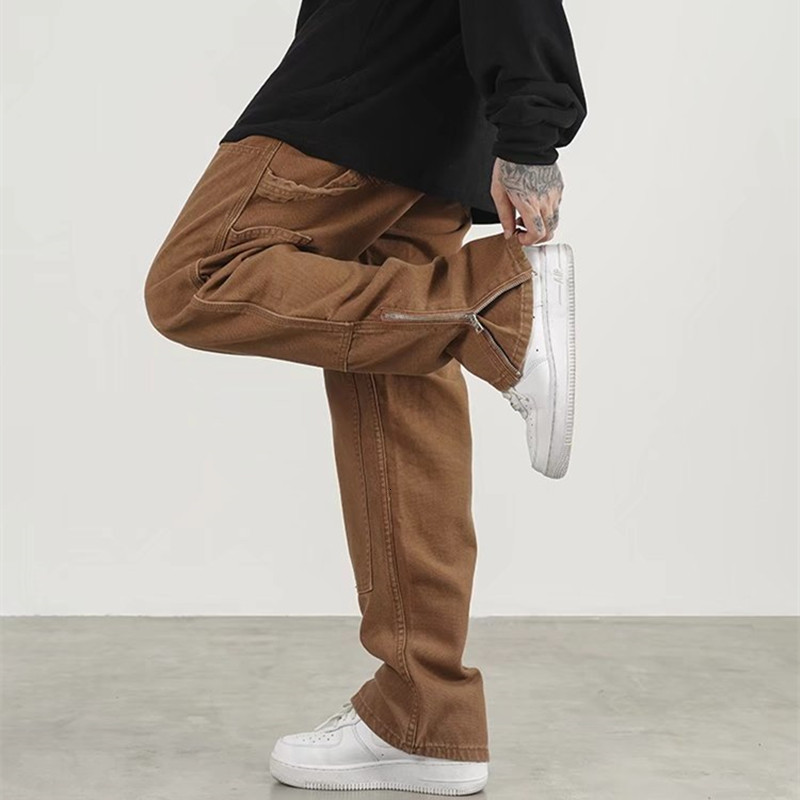 Men's Pants Fashion Ankle Zipper Brown Baggy Men Cargo Wide Pants Hip Hop Straight Loose Women Casual Long Trousers Pantalon Homme 230311