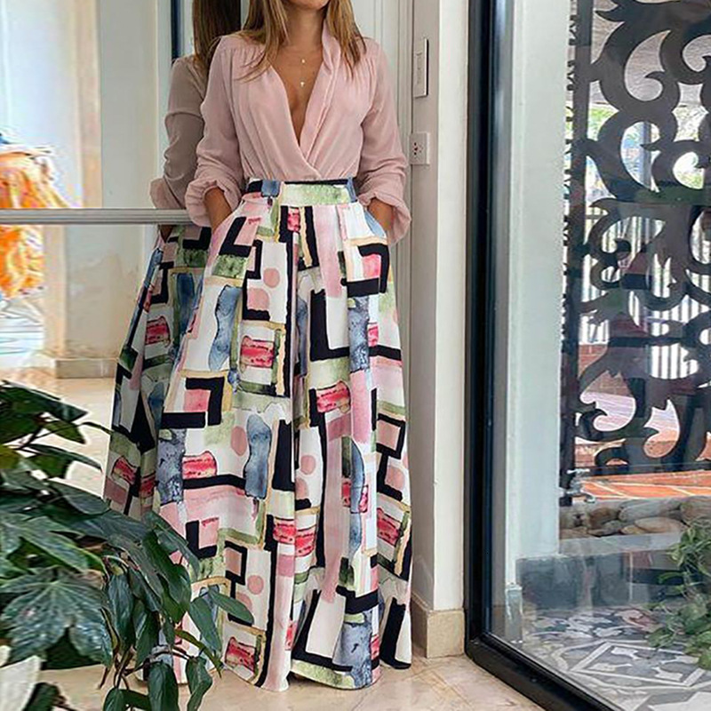 Women's Two Piece Pants Commute Women Office Sets Lapel Button Lantern Sleeve Shirt Pockets Straight Pant Suits Spring Summer Fashion Printed Set