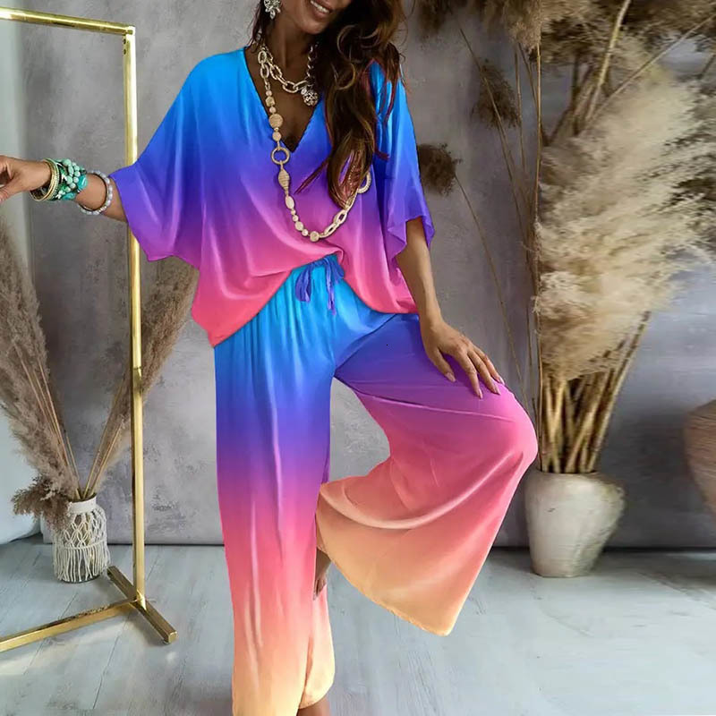 Women's Two Piece Pants Autumn Chain Hollow out Set Casual Batwing Sleeve Top Suits Elegant Summe Leopard Print wide leg pants set 230310