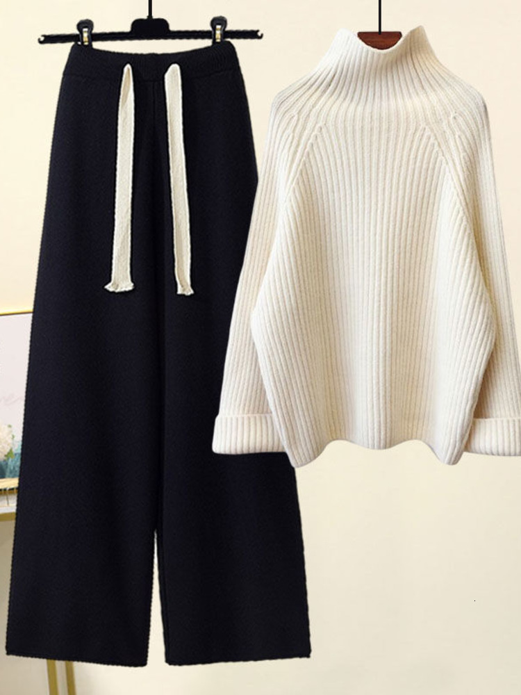 Women's Two Piece Pants Autumn Winter Warm Knitted Suit Women Long Sleeve Half Turtleneck Knitting Sweater And Wide Leg Sets Outer Wear Loose Set