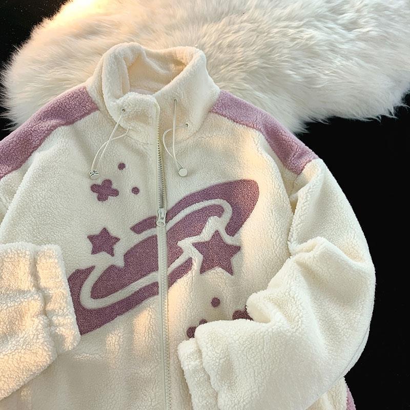 Women's Jackets Y2k Clothes Print Women Jacket Winter Warm Zipper Flannel Parka Harajuku Lambswool Sherpa Streetwear Loose Couple Hoodie Coat 230