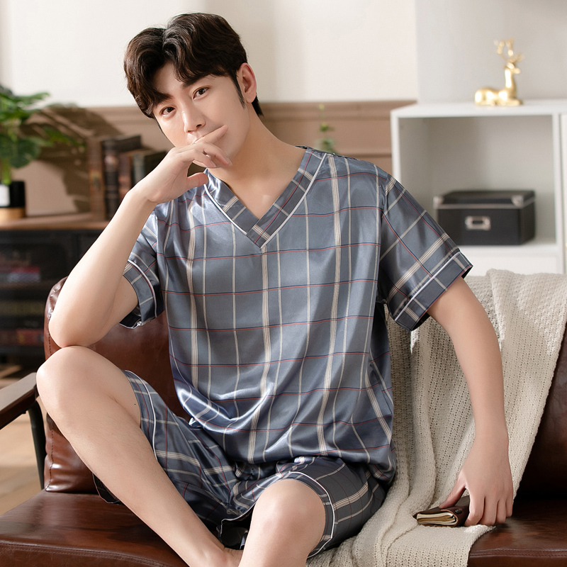 Men's Sleepwear Mens Satin T-Shirt Male V Neck Short Sleeve Casual T-Shirt Loose Pajamas Tops Printing Loungewear Sleepwear Tees Tops 230311