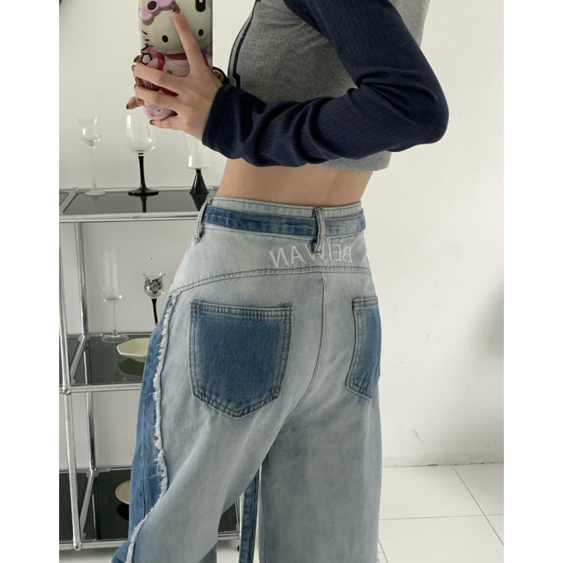 Women's Jeans Blue Women Jeans High Waist Splicing American Fashion Streetwear Style Wide Leg Female Denim Trouser Baggy Straight Denim Pants 230