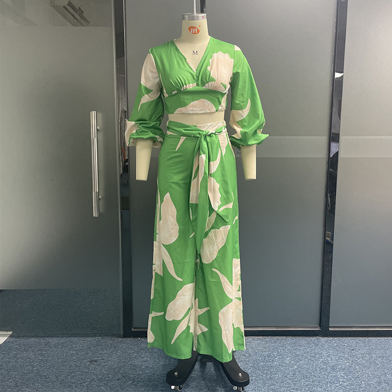 Women's Two Piece Pants Wefad Set Fashion V Neck Long Lantern Sleeve Print Loose Wide Legs With Pockets Sets High Streetwear 230310