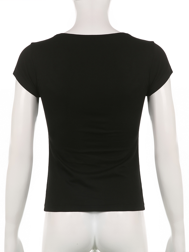 Women's TShirt Rapcopter Y2K Cross Crop Top Folds Black Square Collar T Shirt Short Sleeve Cute Chic Tee Grunge Korean Retro 230310