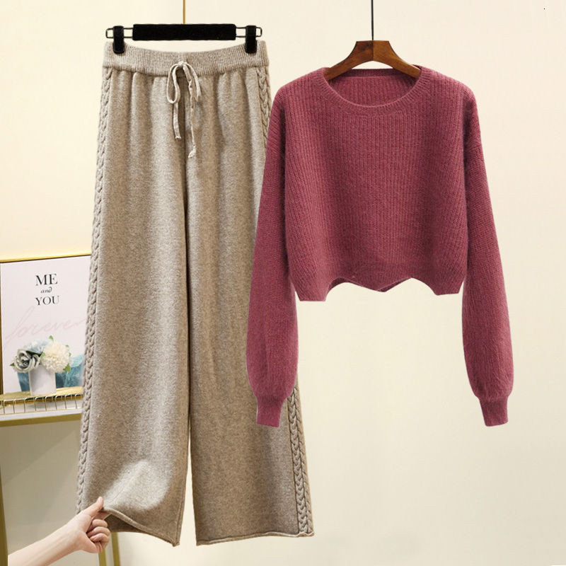 Women's Two Piece Pants Set of Fashion Pieces for Women Long Sleeve Printing Pullover Allmatch Knitted High Waist Wideleg Pant Suit 230310