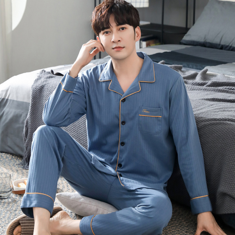 Men's Sleepwear Autumn Men's Pajamas 100% Cotton Full-sleeve Mens Turn-down Collar Homewear Thin Simple Style Solid Color Comfort Sleepwear 