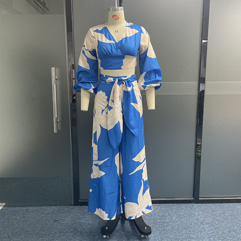 Women's Two Piece Pants Wefad Set Fashion V Neck Long Lantern Sleeve Print Loose Wide Legs With Pockets Sets High Streetwear 230310