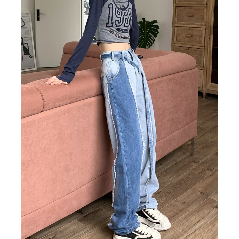 Women's Jeans Blue Women Jeans High Waist Splicing American Fashion Streetwear Style Wide Leg Female Denim Trouser Baggy Straight Denim Pants 230