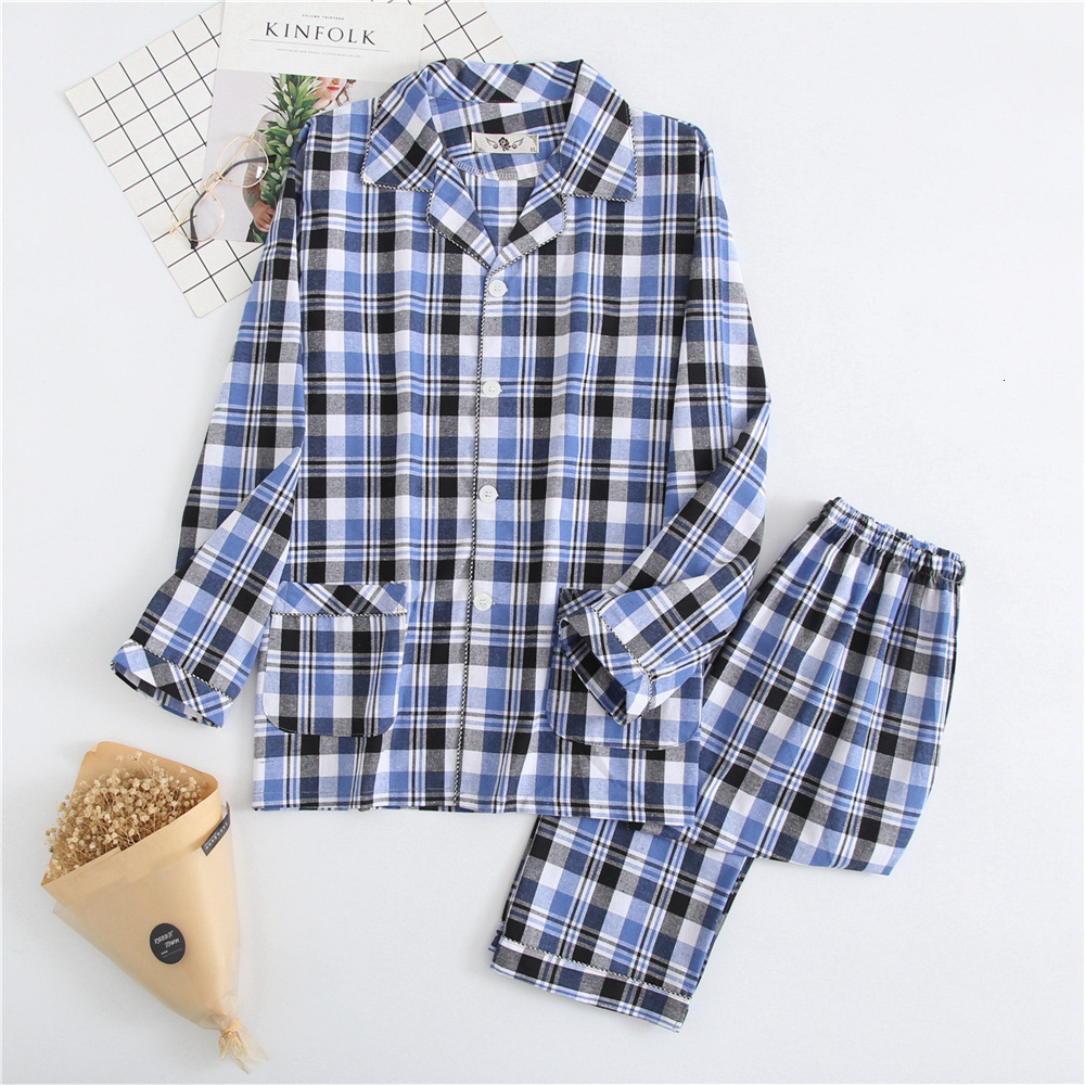 Men's Sleepwear Men's Plaid Pajamas Cotton Flannel Warm Fabric Sleepwear Clothes for Spring and Autumn Woven Cotton Plaid Mens Sleepwear Pij