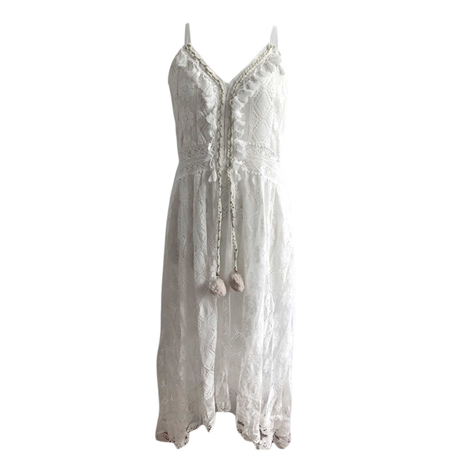 Casual Dresses Boho Women Lace Hem Dress 2022 Flower Lace Tassels Deep V-neck Bandage Sleeveless Beachwear Summer Dress S-2XL Beige/ White G230311