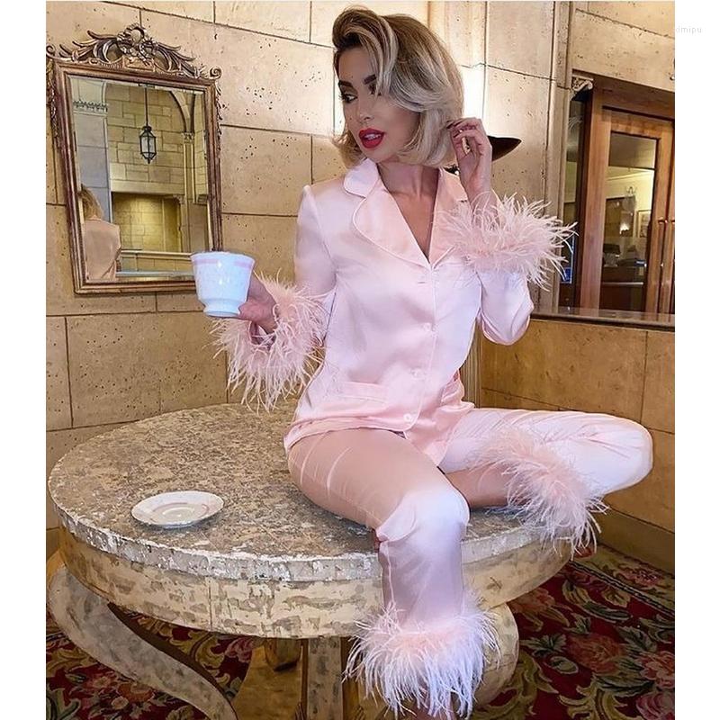 Women's Sleepwear QWEEK Satin Pamas with Feathers Designer Clothes Women Summer Two Piece Loungewear Trouser Suits Pijama Sets2024