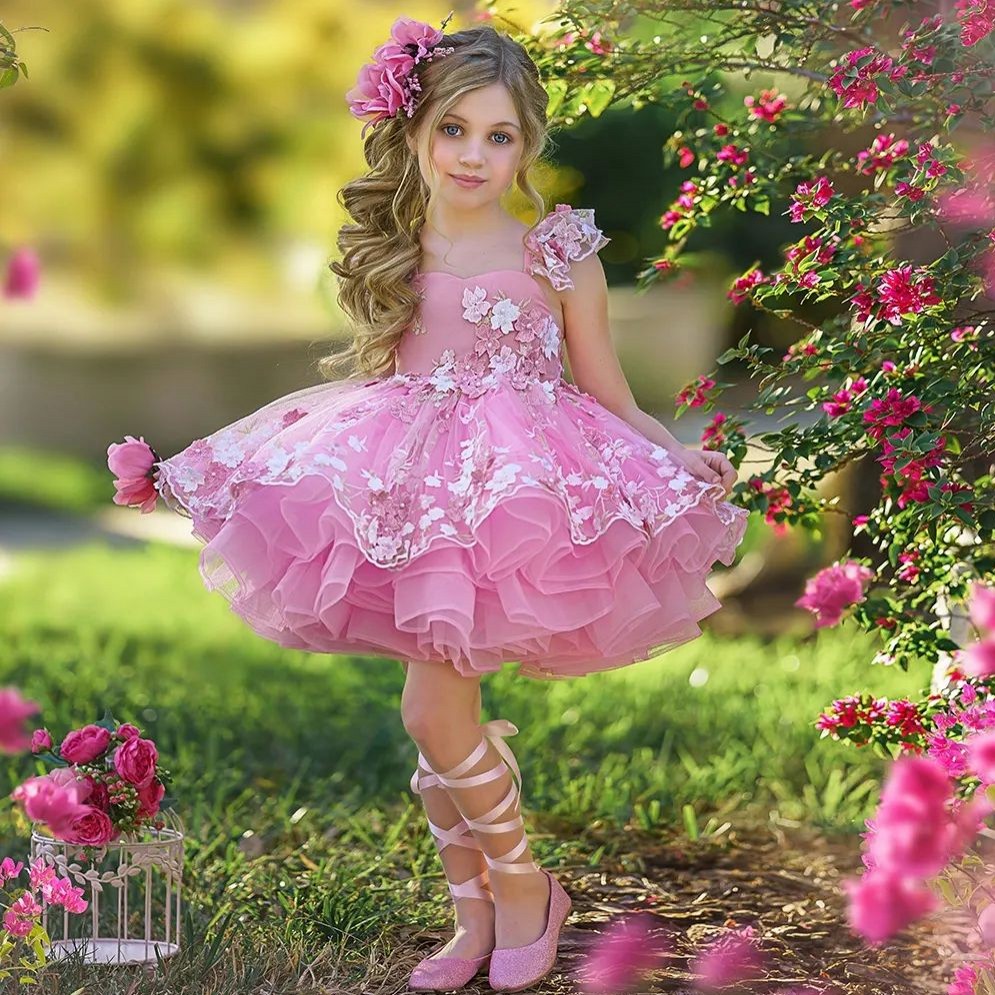 Lace Appliqued Pink Flower Girl Dresses Tulle Tiered Princess Gowns For Wedding And Birthday Beaded Kid Pageant Dress
