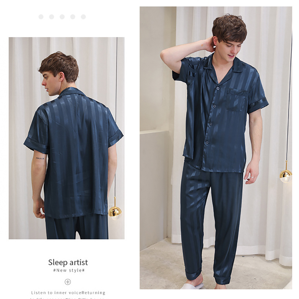 Men's Sleepwear Ice Silk Pajamas For Men Spring Summer Pyjamas Thin Breathable Lounge Set Simple Style Striped Elastic Waist pyjama pour femme 23