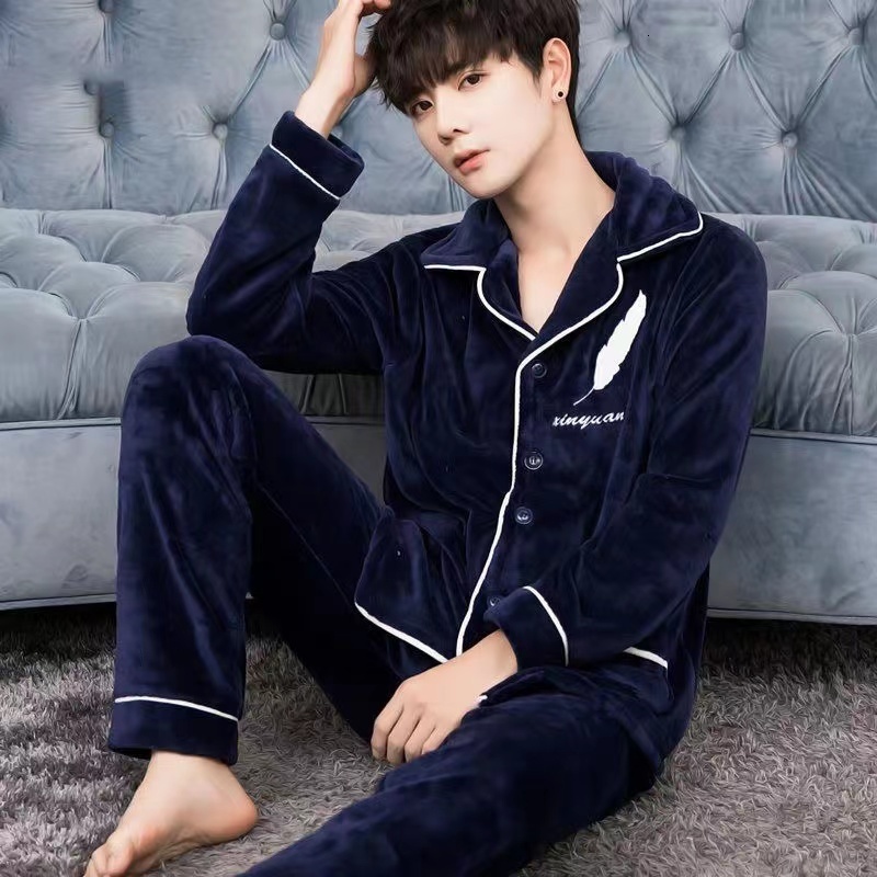 Men's Sleepwear Flannel Pajama Sets For Men Long Sleeve Thick Warm Winter Soft Coral Fleece Male Sleepwear Ladies Home Clothes Pyjamas 230311