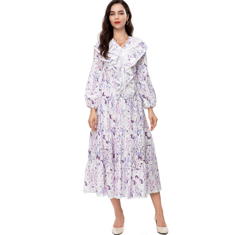 Women's Runway Dresses V Neck Lantern Sleeves Floral Printed Lace Up Belt Fashion High Street Vestidos
