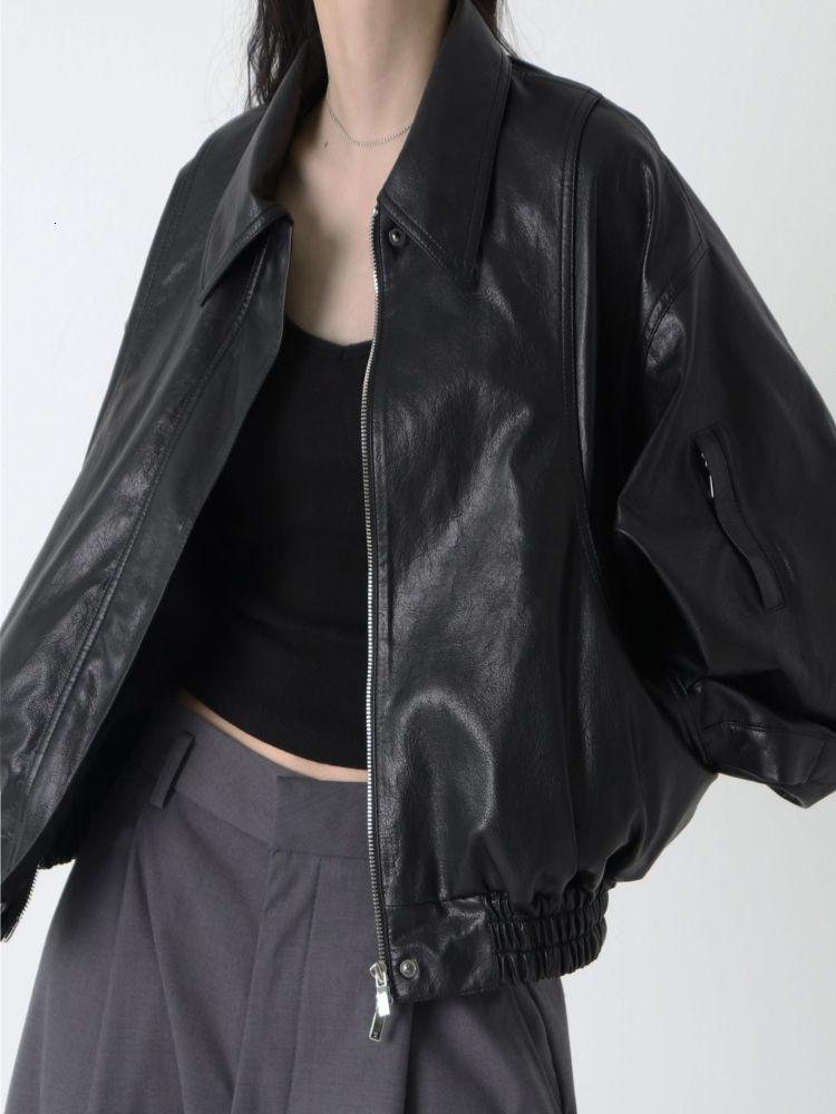 Women's Jackets Winter Cropped Zipper Leather Jacket Women Vintage Loose High Street Moto Biker Ladies Autumn Outerwear Korean Coat 230310