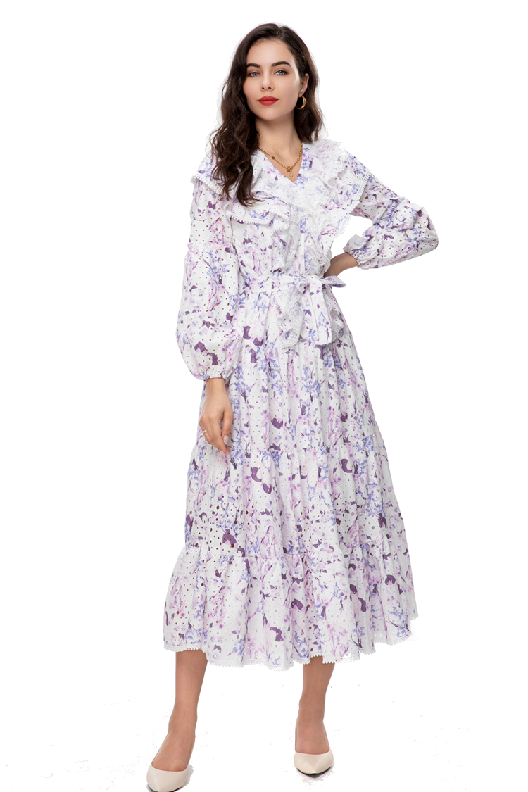 Women's Runway Dresses V Neck Lantern Sleeves Floral Printed Lace Up Belt Fashion High Street Vestidos