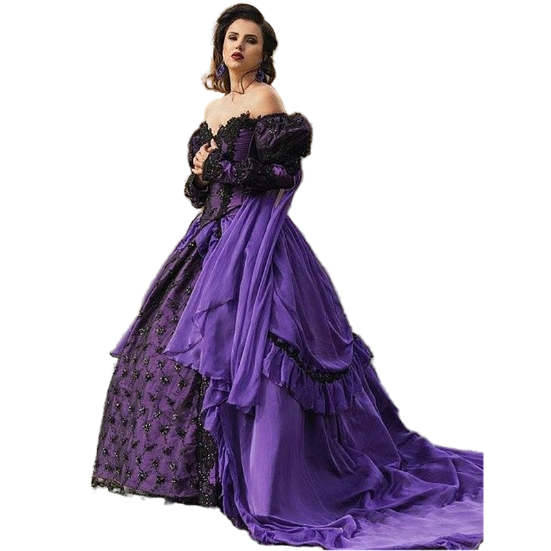 Medieval Gothic Purple Prom Dresses Off Shoulder Long Sleeves Ball Gown Princess Evening Gowns Black Lace Applique Pleats Ruched Women Masquerade Dres