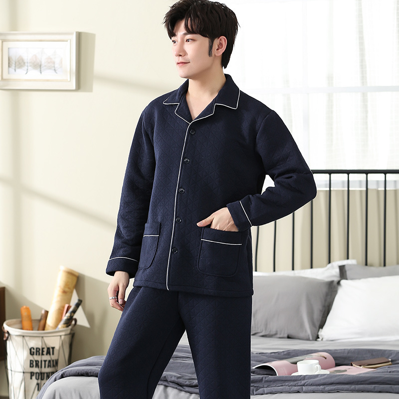 Men's Sleepwear Winter Keep Warm Thin Quilted Pajama Sets for Men Long Sleeve Air Cotton Interlayer Sleepwear Loungewear Homewear Home Clothes 23