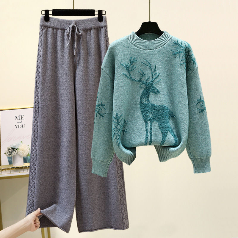 Women's Two Piece Pants Set of Fashion Pieces for Women Long Sleeve Printing Pullover Allmatch Knitted High Waist Wideleg Pant Suit 230310