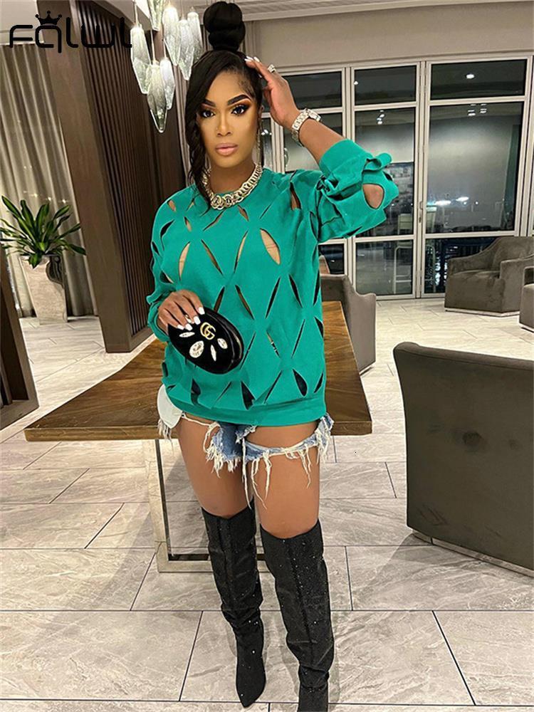 Women's TShirt FQLWL Fall Street Outfits Hollow Out Tops Clothing For Women O Neck Long Sleeve Yellow Top Solid Loose Tee Shirts Female 230310