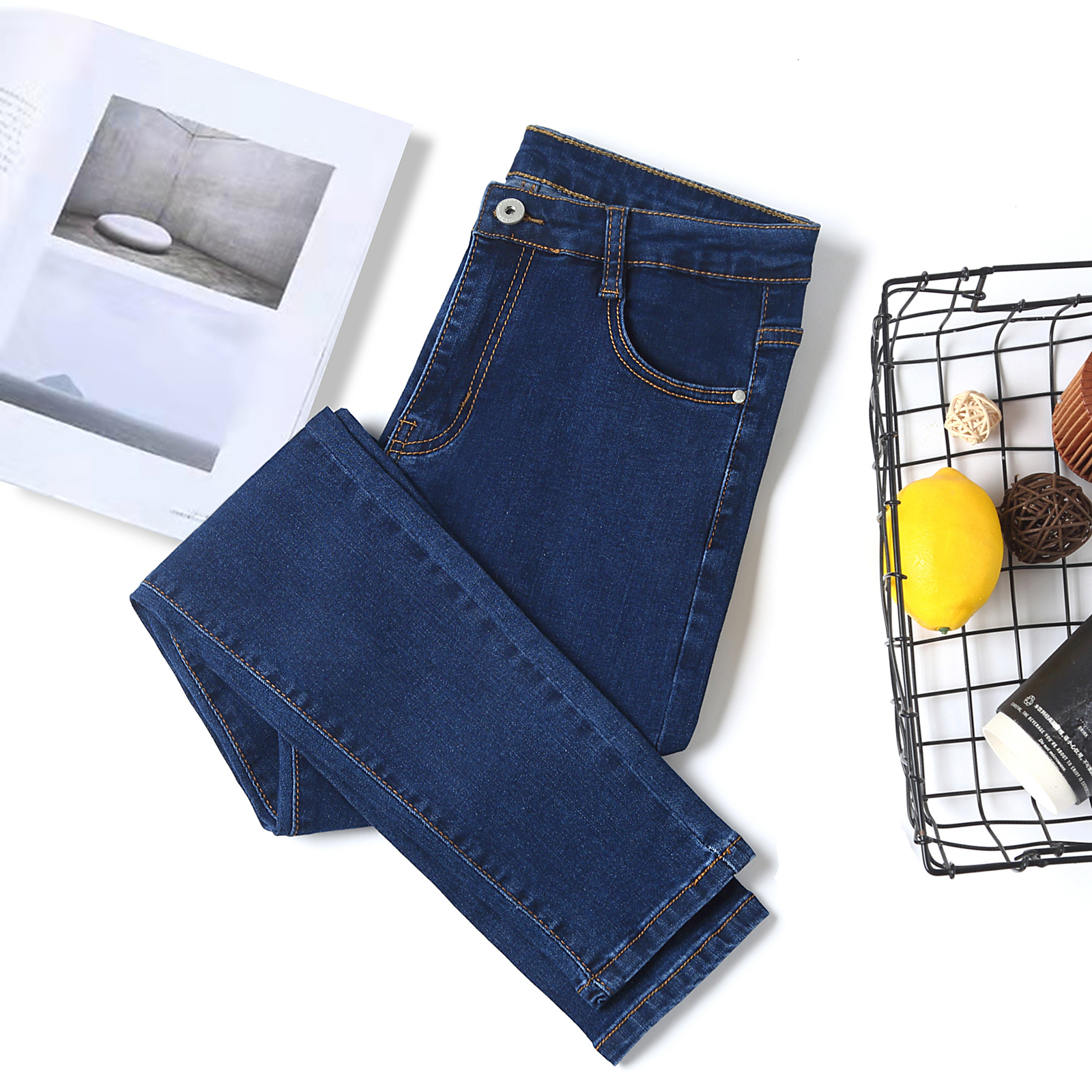 Women's Jeans Jeans for woman high waist full Length skinny pencil black blue Denim pants 100kg 230311