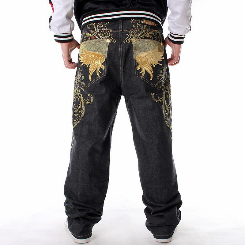 Men s Jeans Street Dance Wide Legs Baggy Men Fashion Embroidery Black Loose Board Denim Pants Male Rap Hip Hop Plus Size 30 230311