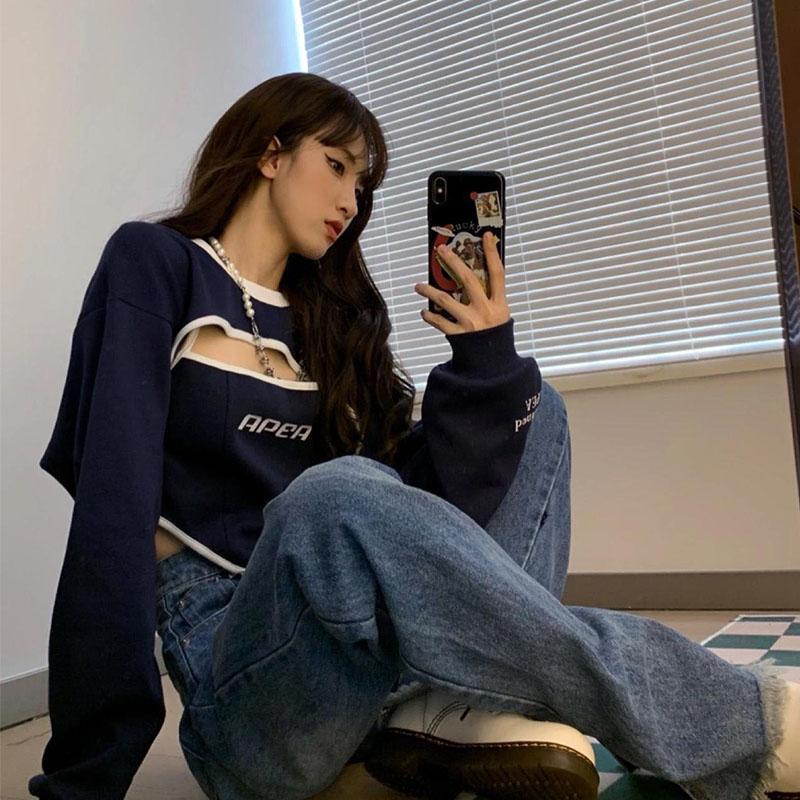 Women's Hoodies Sweatshirts HOUZHOU Vintage Kpop Hoodie Y2k Streetwear Pullover Aesthetic Korean Fashion Cropped Sweatshirt Female Harajuku Hippi
