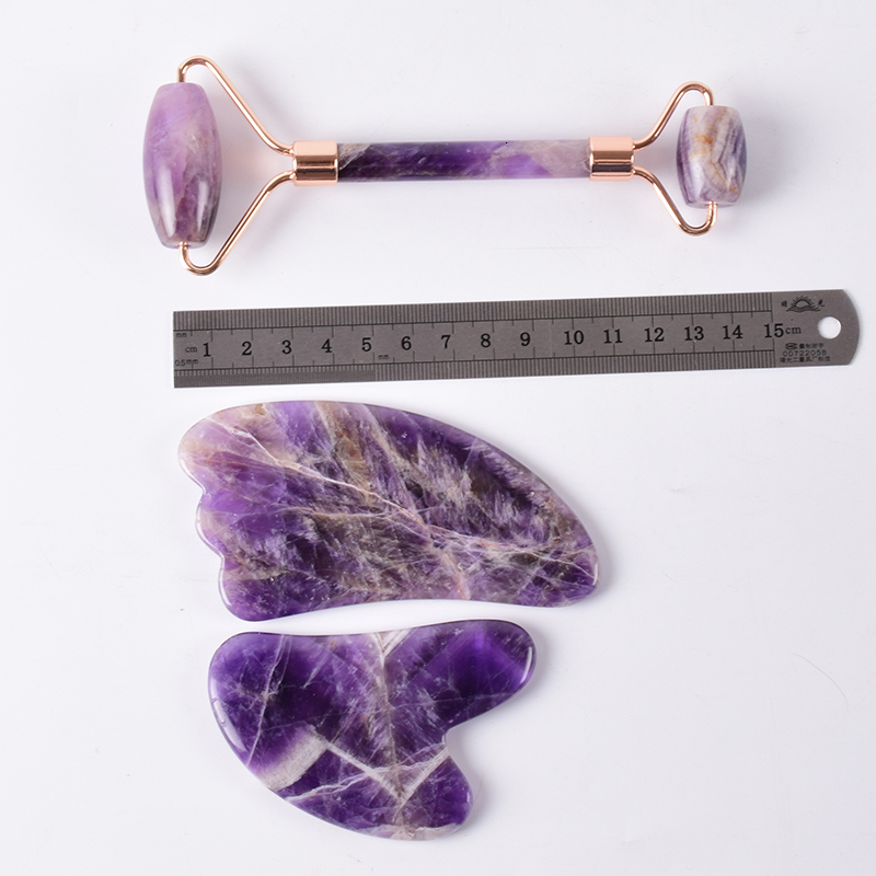 Other Massage Items Rose Gold Face Roller Amethyst Gua Sha Tool Massage Set Natural Stone Acupuncture Scraping Body Healing Massager Health Care 23031