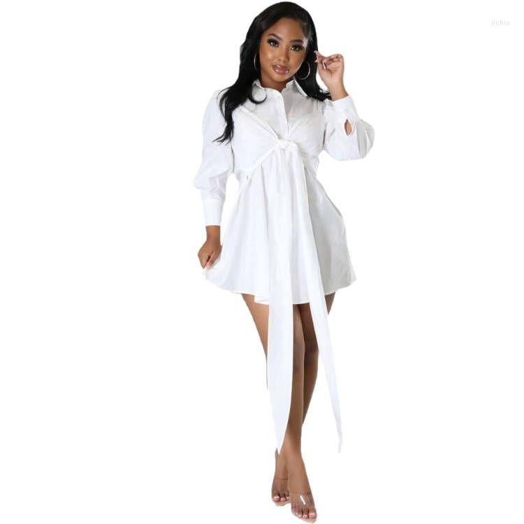 Casual Dresses Szkzk Sexy Shirt Mini Dress Night Club Outfits Women Long Sleeves Lace Up Bow Turndown Collar Party Clubwear High Waist