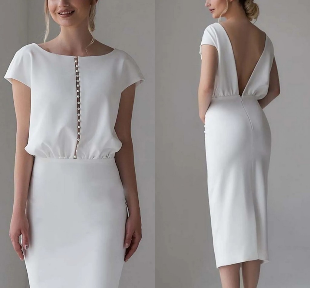 Simple Wedding Dress 2023 Tea Length Short Sleeve Satin Jewel Neck Bride Party Gowns Bridal Shower Robe De Mariage Boho