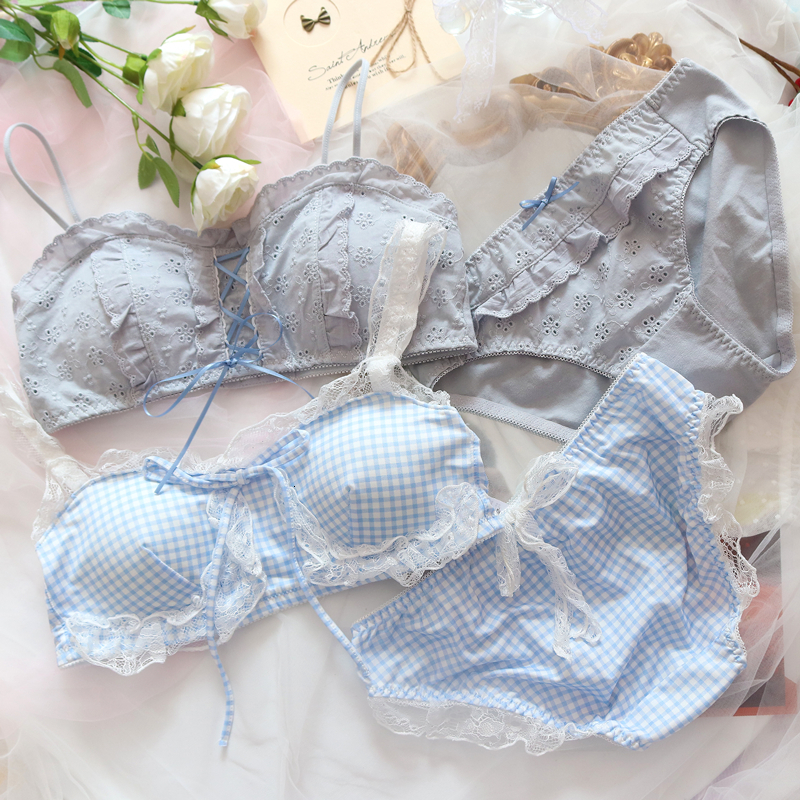 Bras Sets Summer Fresh Blue Bras Collection Japanese Lolita Girl Student Underwear Set Sweet Cute Small Bra and Panty Sets 230311