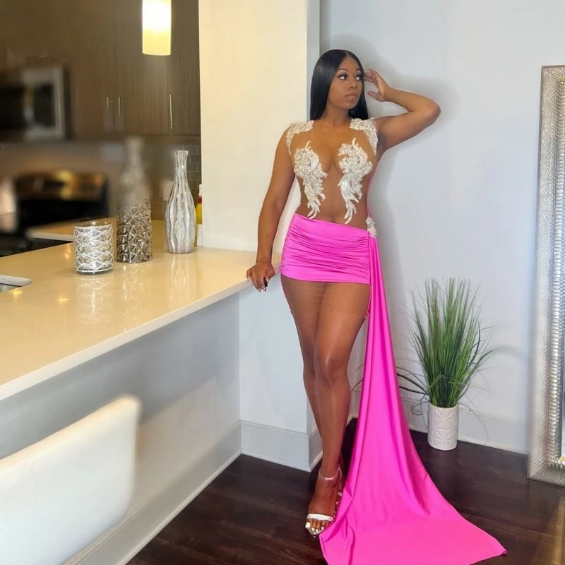 Hot Pink See Through tail Dresses For Women Party Beading Applique Short Prom Gowns Sheer Neck Girls Birthday Dress