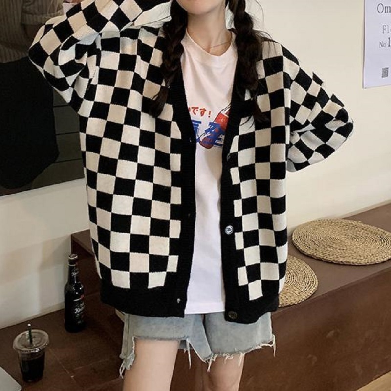Women's Knits Tees Deeptown Korean Style Oversize Plaid Cardigan Sweater Women Vintage Checkerboard Knit Jacket Fashion Long Sleeve Jumper Female
