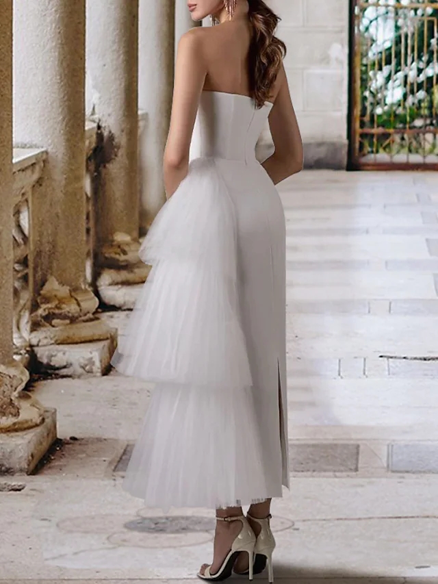 Simple Wedding Dress 2023 Tea Length Sweetheart Satin Cascading Ruffles Bride Party Gowns Bridal Shower Robe De Mariage New