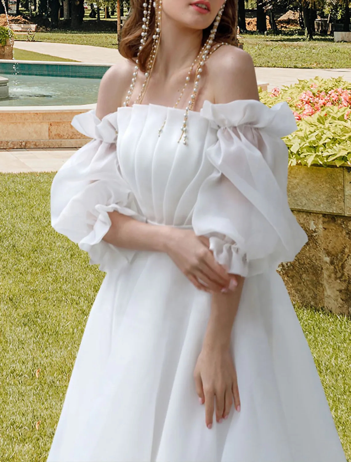 Elegant A-Line Wedding Dress 2023 Tea Length A-Line Half Sleeve Off Shoulder Organza With Pleats Bride Gowns Vestidos De Noiva Boho