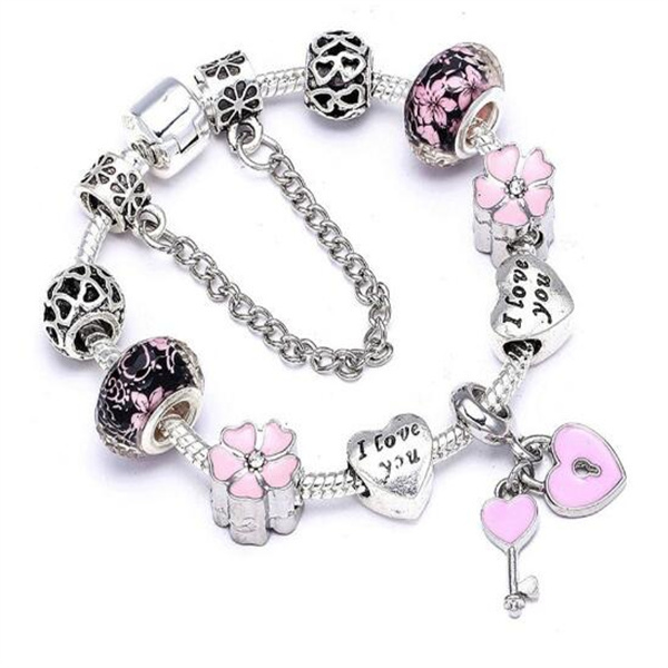 Silver Plated Heart Key Pendant Charm Bracelets For Women Original Girls Princess Crown Beaded Bracelet Wife Jewelry Gc