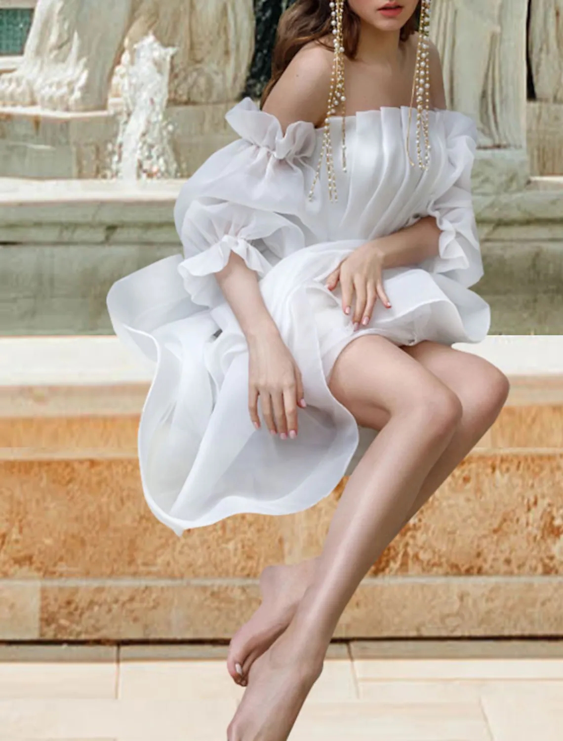 Elegant A-Line Wedding Dress 2023 Tea Length A-Line Half Sleeve Off Shoulder Organza With Pleats Bride Gowns Vestidos De Noiva Boho