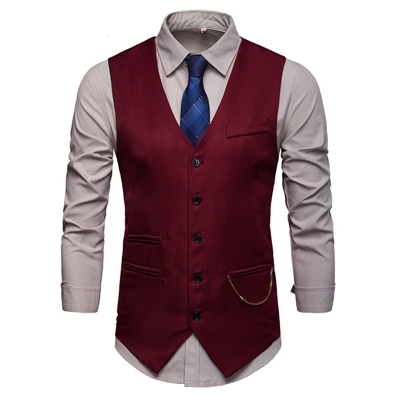 Men's Vests High Quality Men Suit Vest Waistcoat Chain Business Slim Groom Groomsman Wedding Men's Dress Blazer Vests Formal Party V05 23031